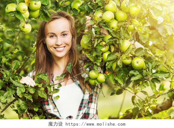 在苹果园里微笑的女士